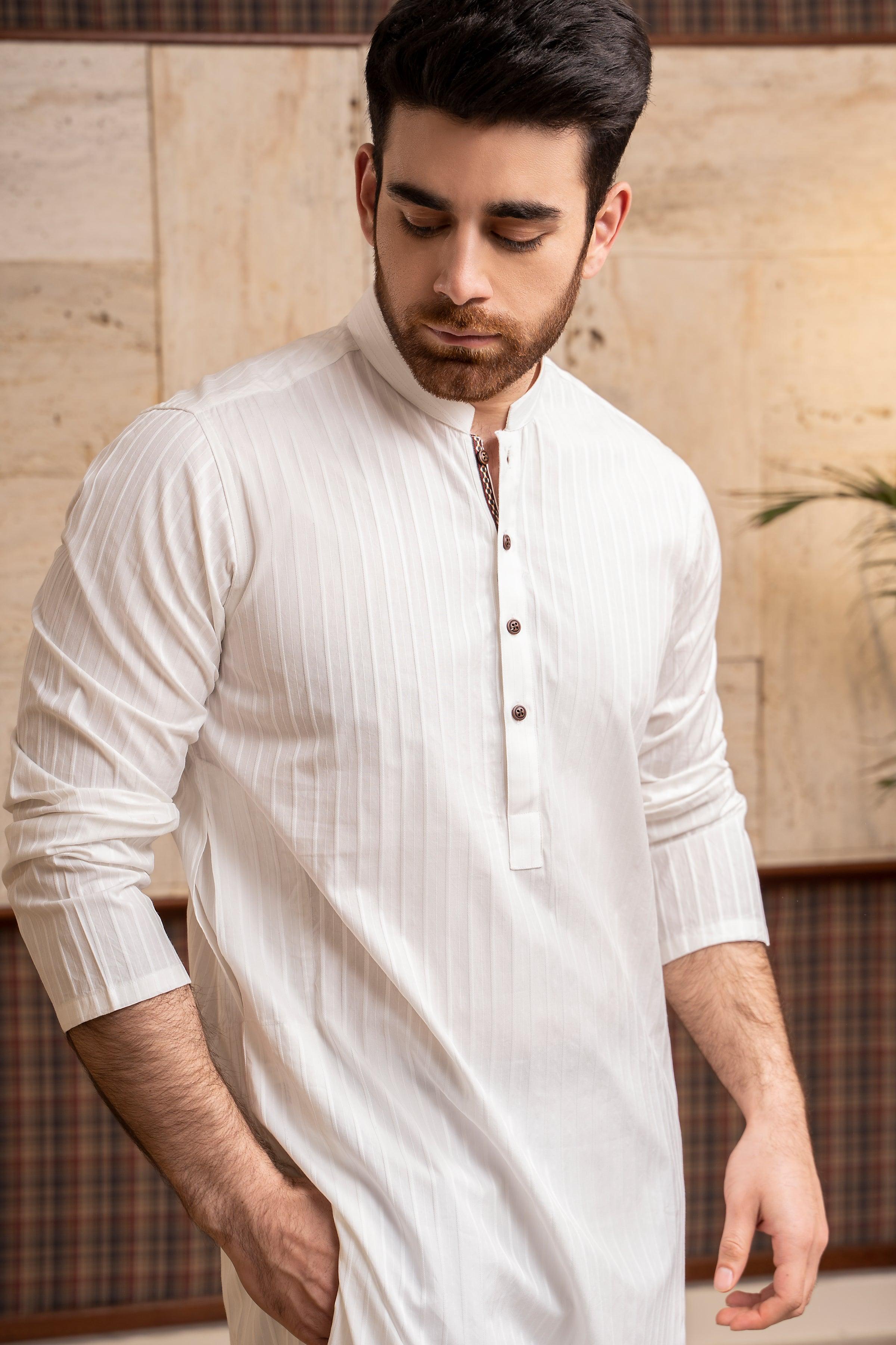 White kurta with band collar, short slit hem, vertical striped fabric, front view