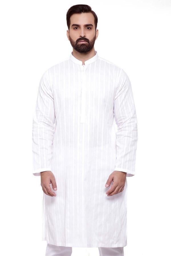 White kurta with band collar, long sleeves, button placket