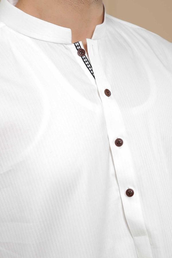 White kurta neckline with band collar and brown button placket detail