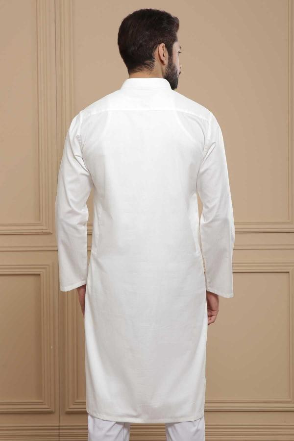 White kurta with band collar and long sleeves, back view