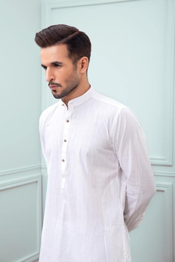 White ban collar kurta, long sleeve with buttoned stand collar and chest placket