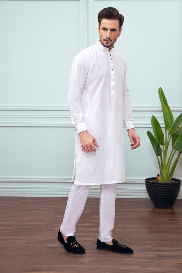 White ban collar kurta with front button placket and long sleeves, straight fit