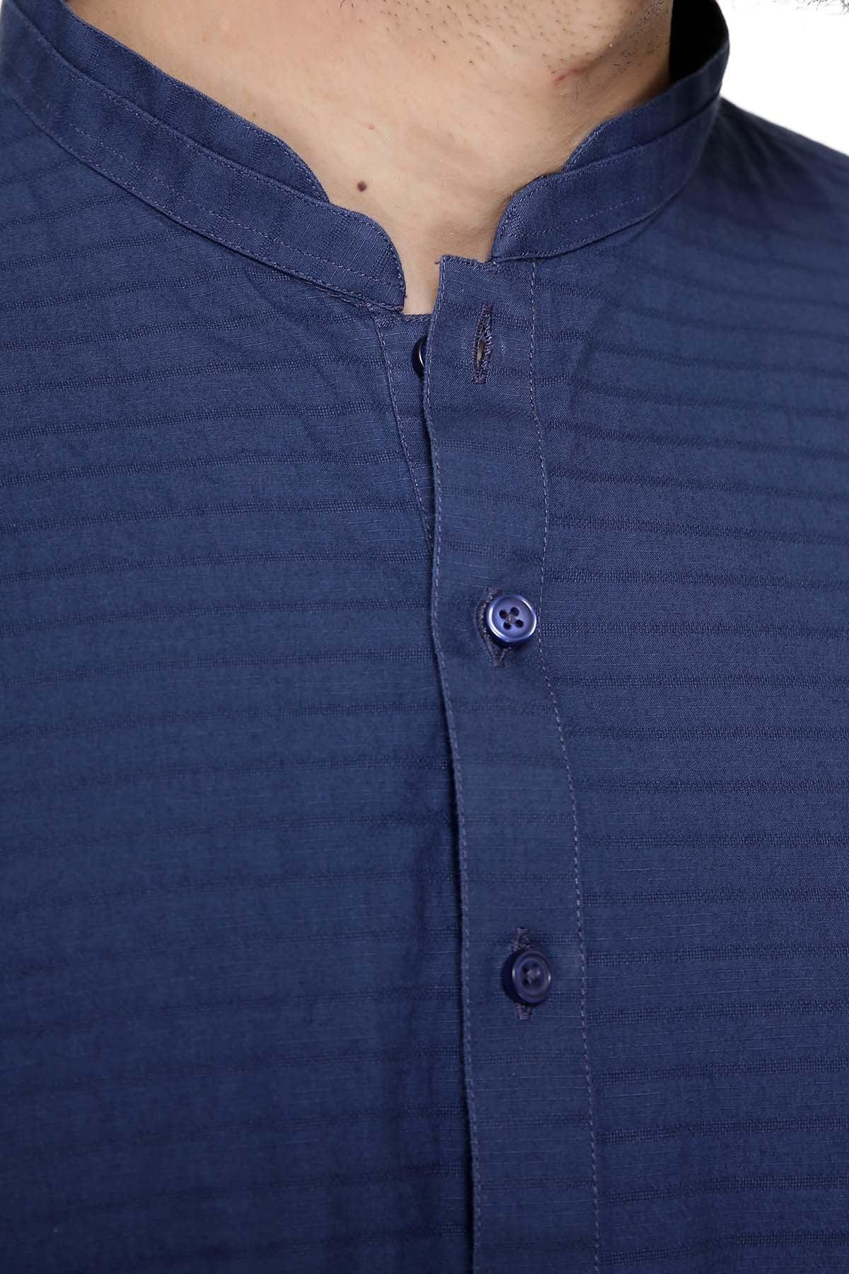 Navy band collar with two-button front and folded neckline