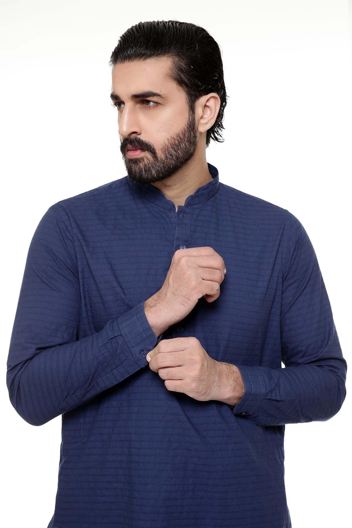 Navy band-collar kurta close-up, long sleeves and centered button placket