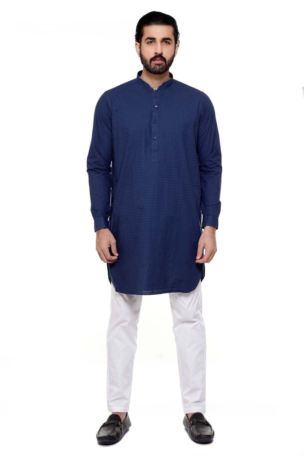 Navy band-collar kurta with button placket, long sleeves, straight hem