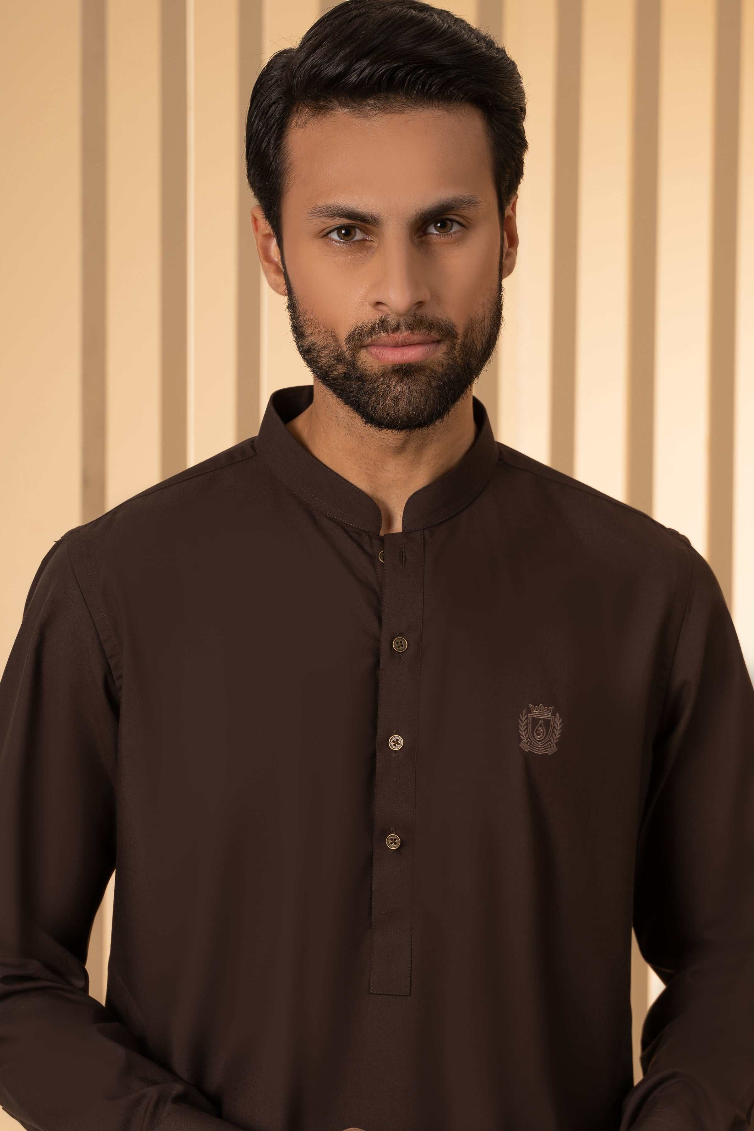 Dark brown kurta close-up with stand collar and small chest emblem on button placket