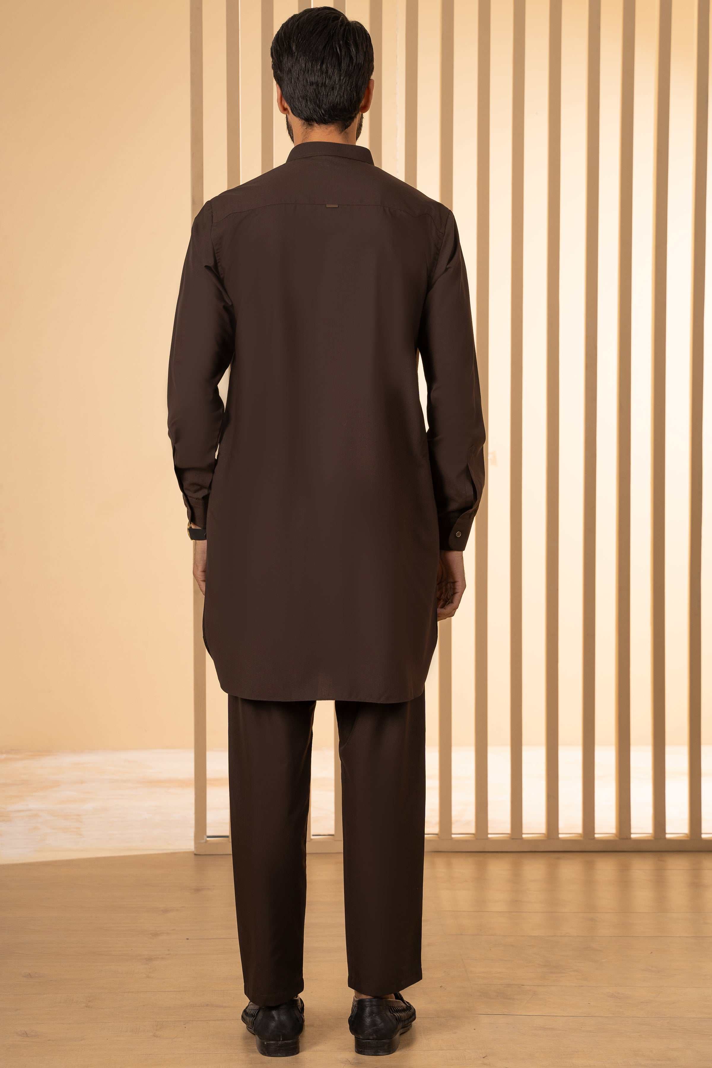 Dark brown kurta pajama set, back view of long kurta with matching straight pants