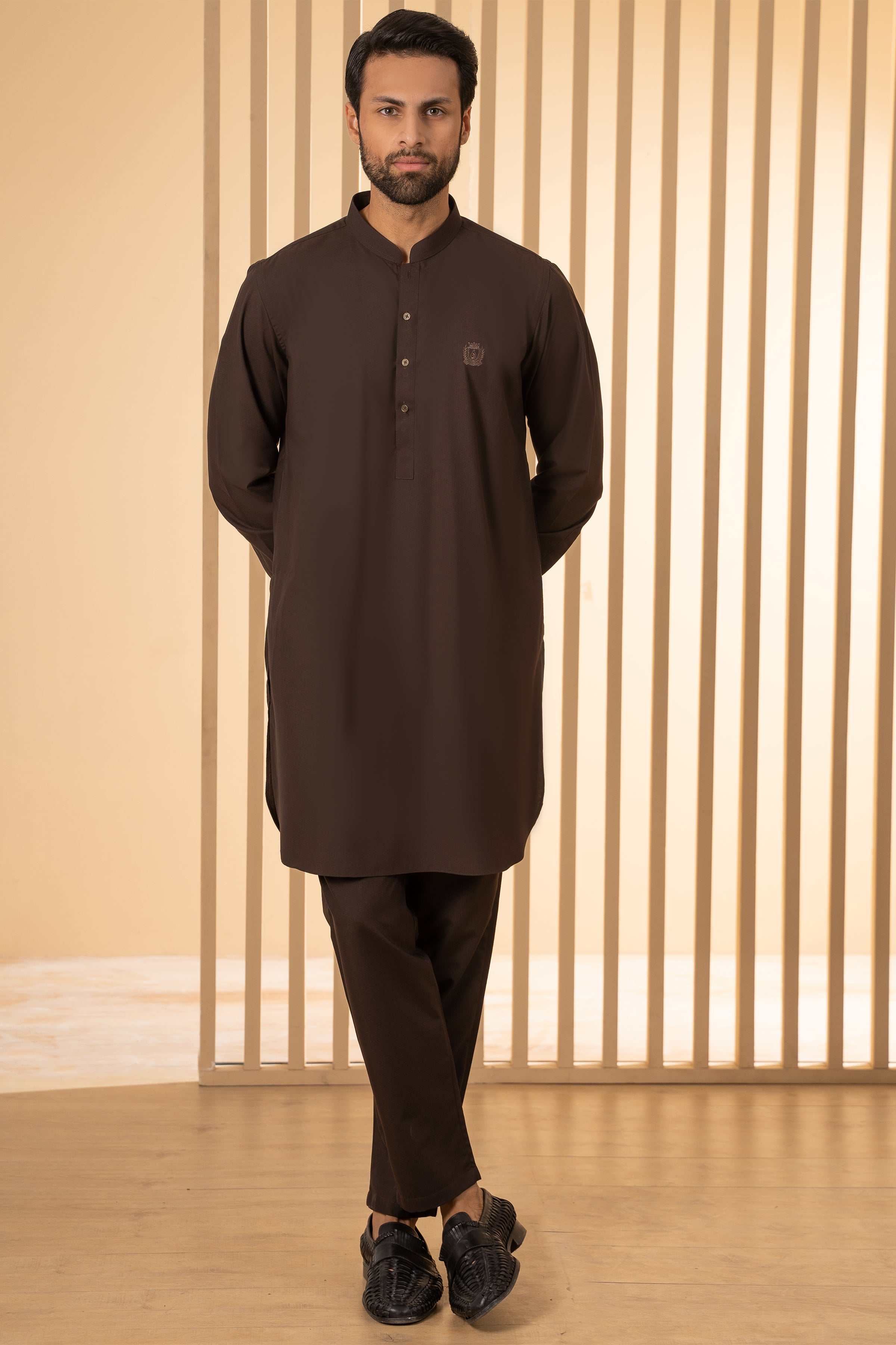 Dark brown kurta pajama set, button-front long kurta with straight matching pants