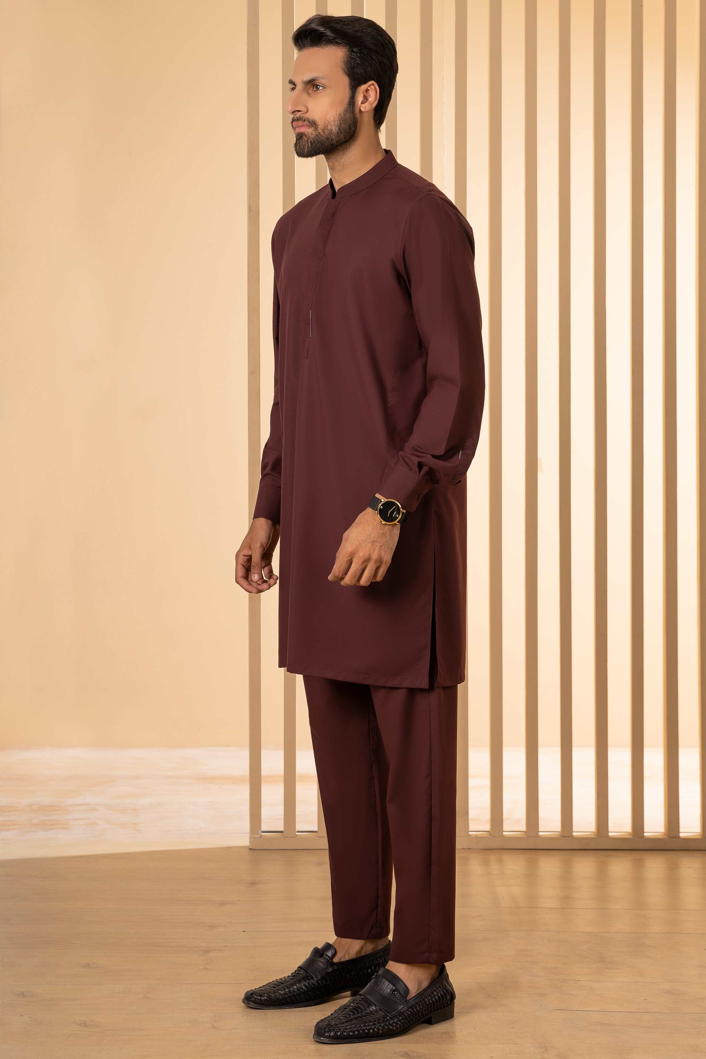 Maroon kurta pajama set with long tunic kurta and straight matching trousers