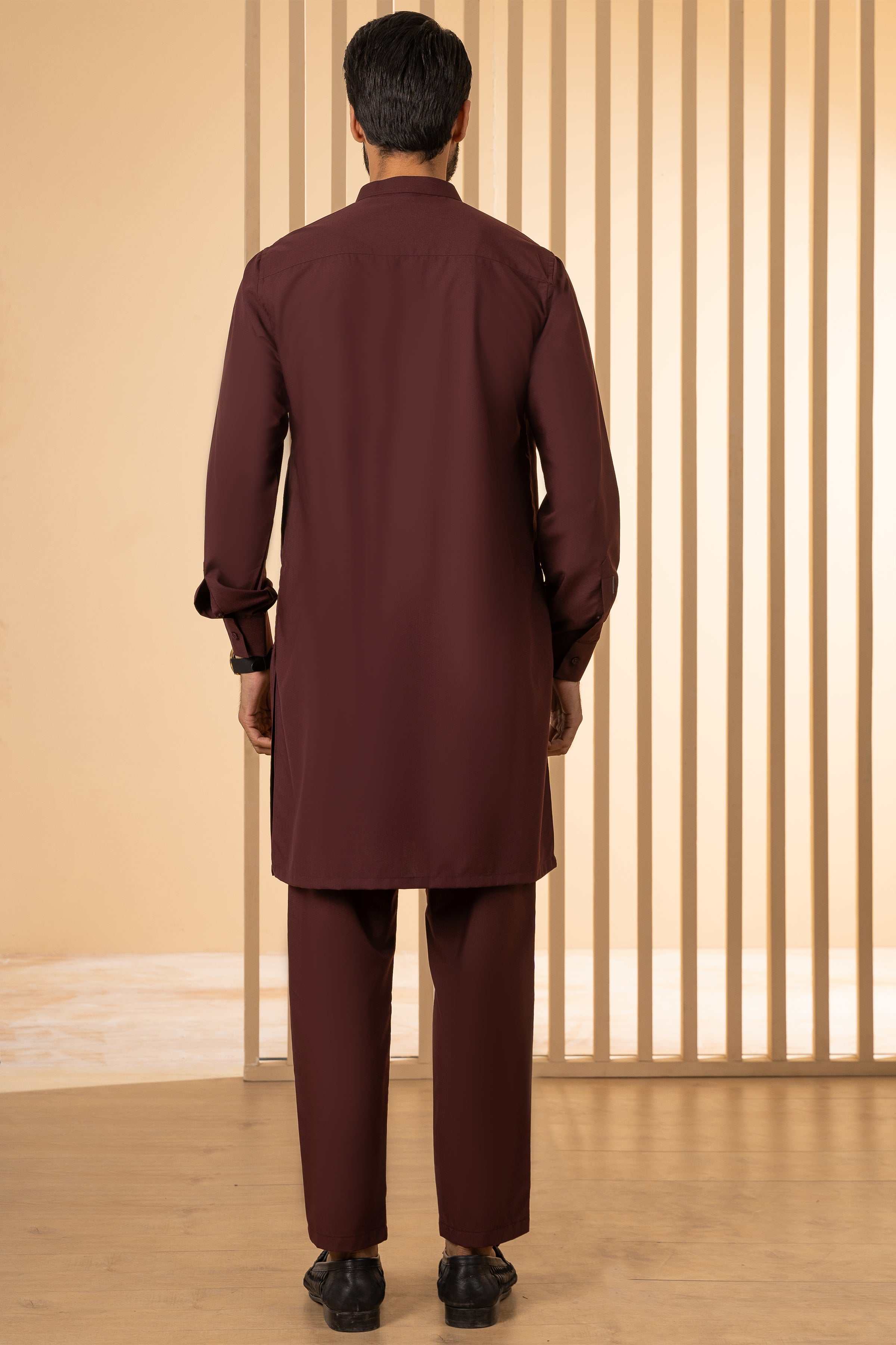 Maroon kurta pajama set, long kurta with stand collar and matching trousers