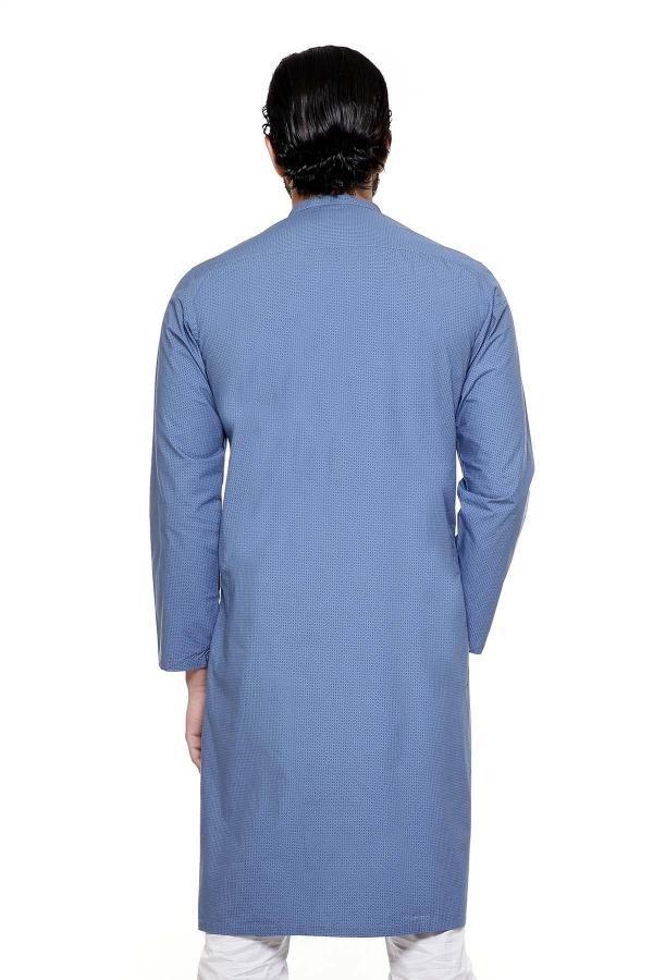 Blue-grey kurta with small band collar, long sleeves, and button front placket
