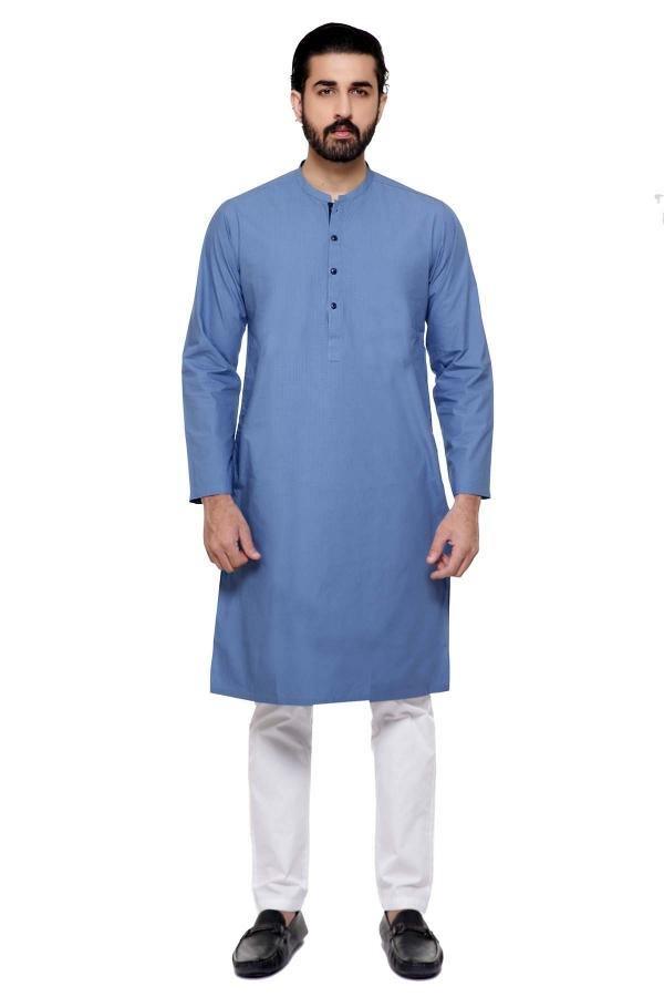 Blue-grey kurta with button front and small band collar, long sleeves, knee length