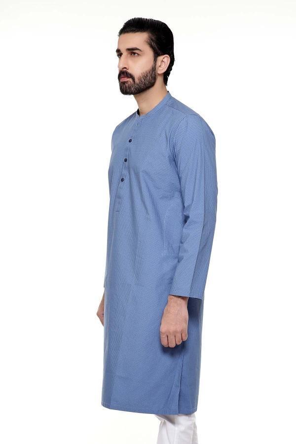 Blue-grey kurta with small band collar, long sleeves, button placket; side view
