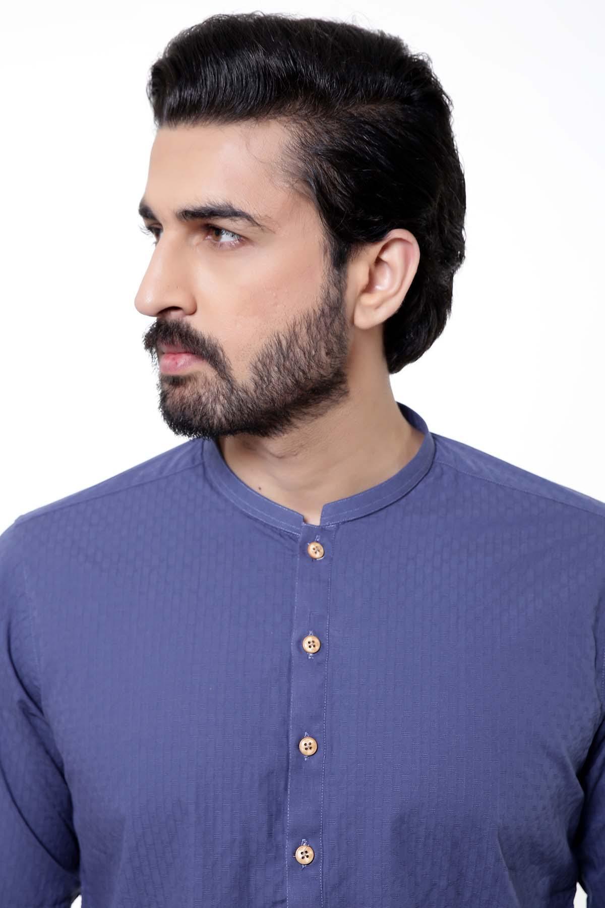 Navy kurta close-up with small collar and three gold-tone button front