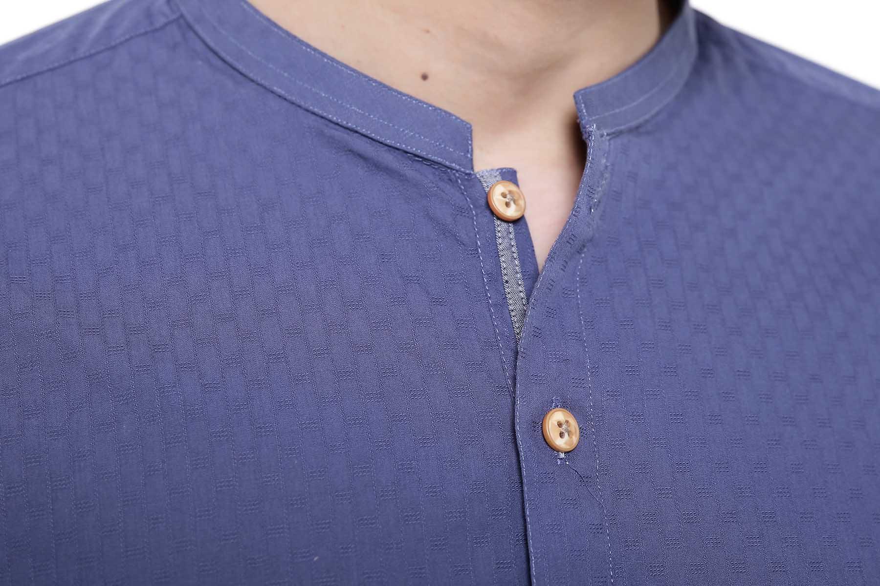 Navy kurta neckline detail with mandarin collar and round gold-tone buttons