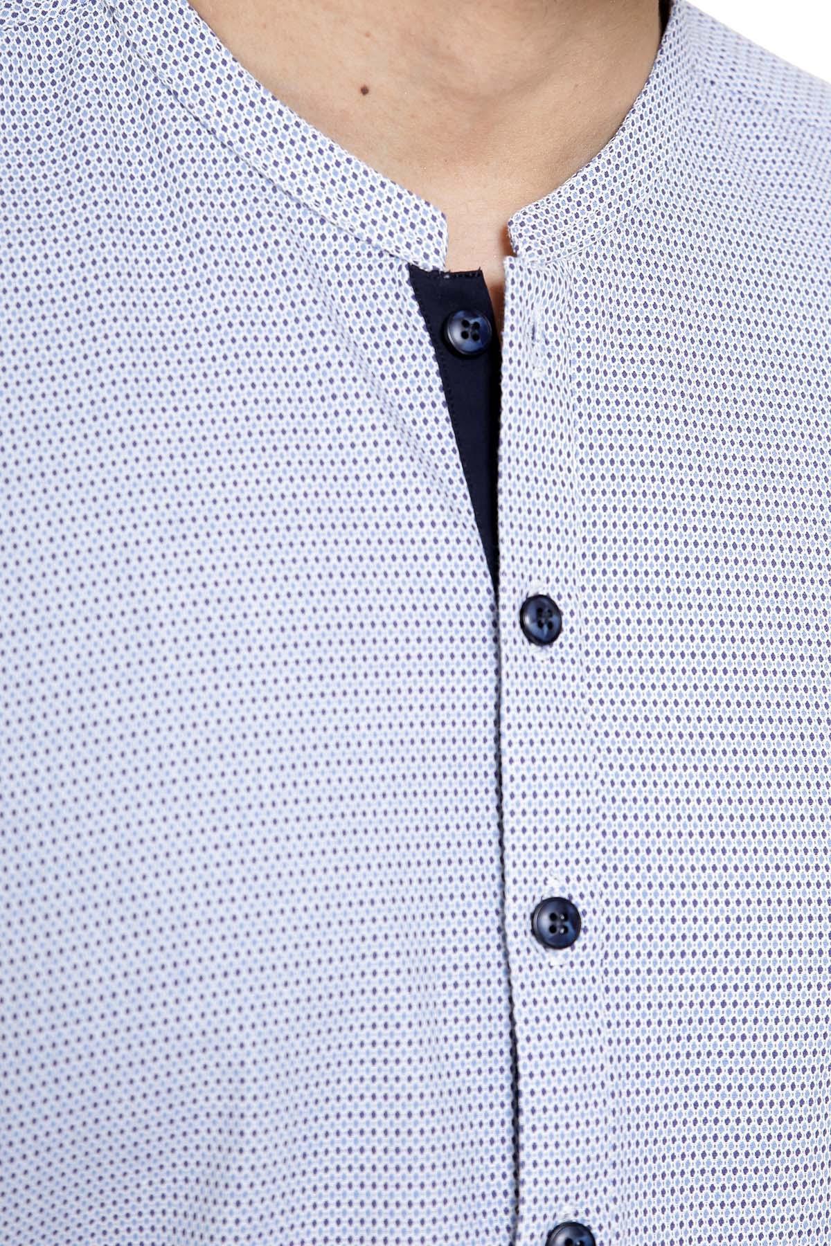 Light blue kurta neckline with small band collar and dark button placket