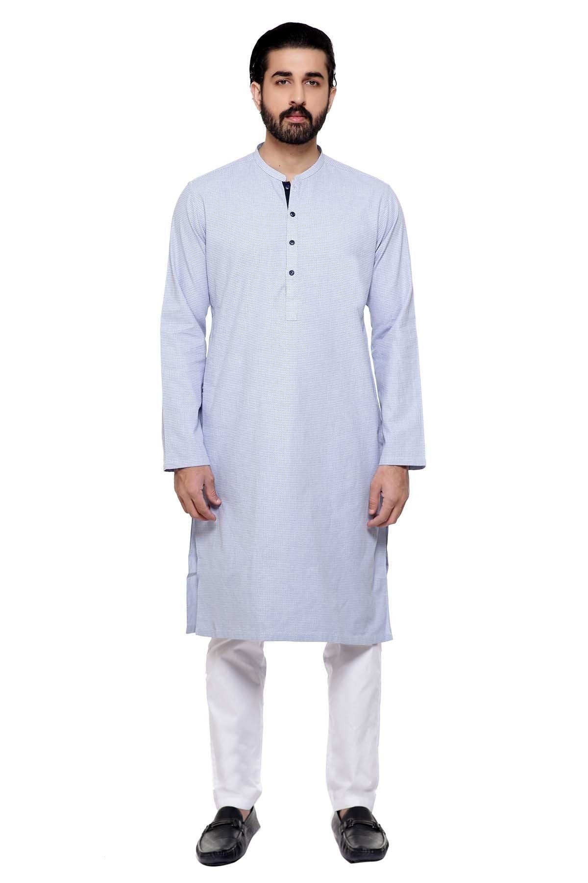 Light blue kurta with small band collar and button placket, long sleeves
