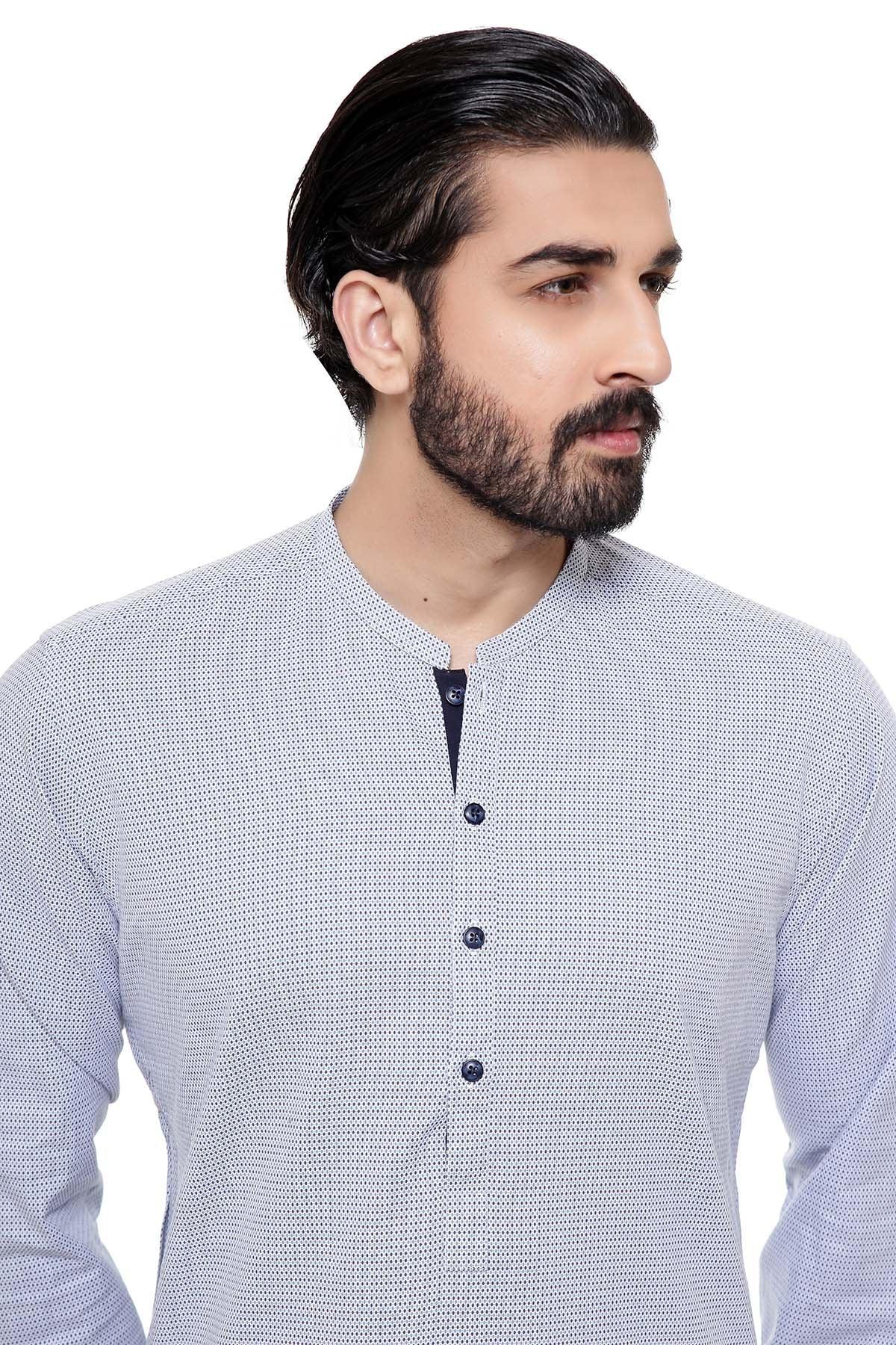 Light blue kurta with small band collar, dark buttons, long sleeves