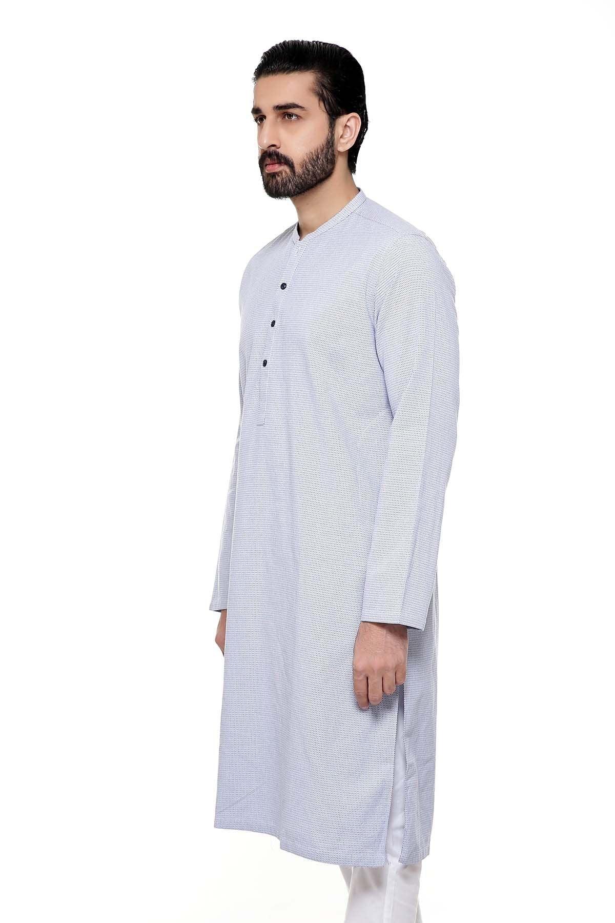 Light blue kurta with small band collar, button front, long sleeves, side view