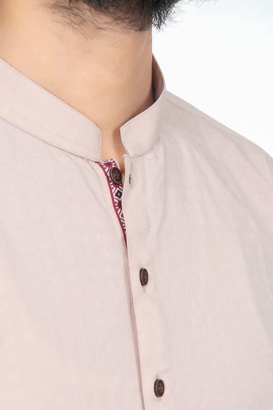 Light brown kurta detail with band collar, front buttons and trim