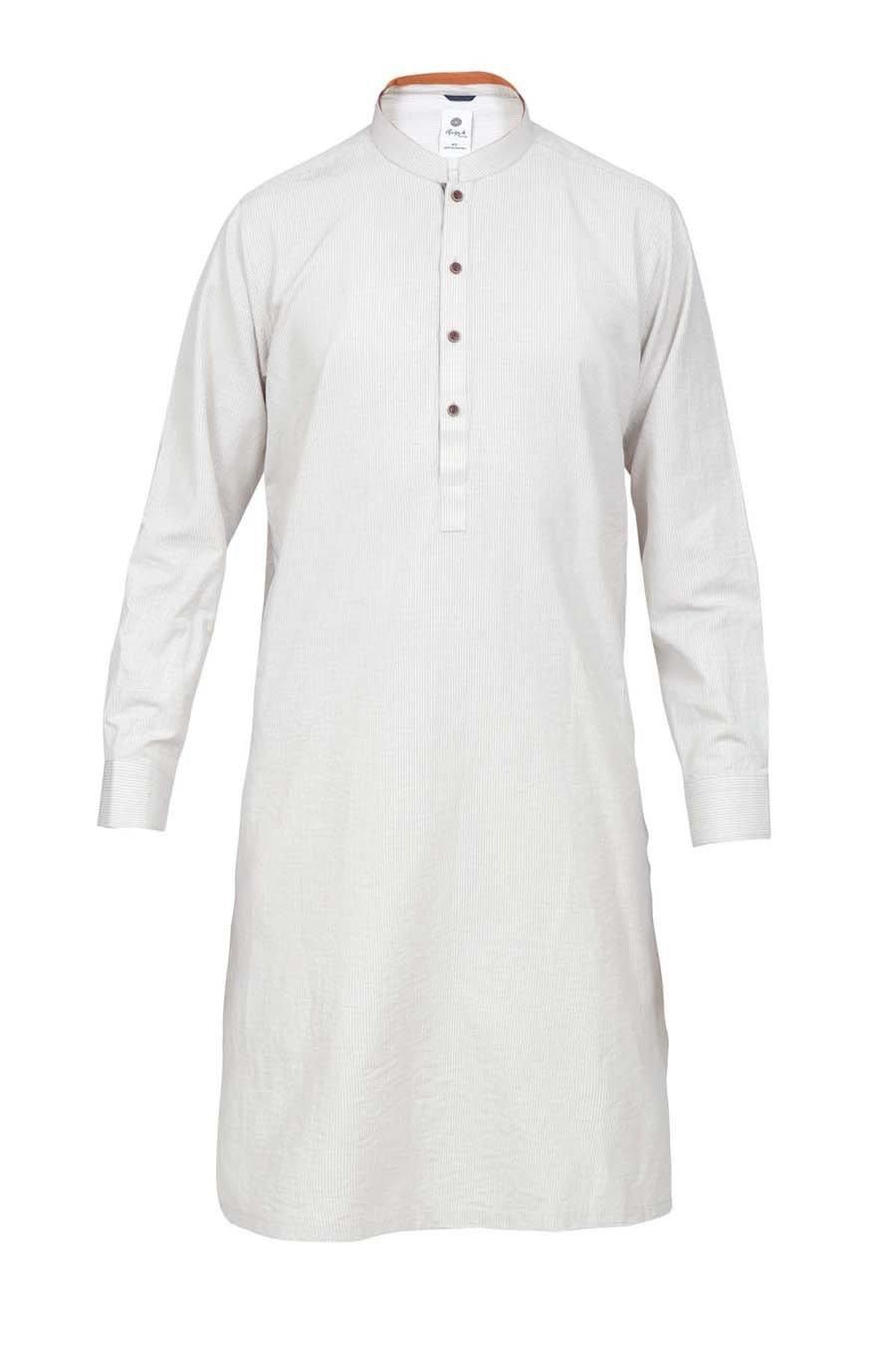 Light cream band-collar kurta with long sleeves and buttoned placket