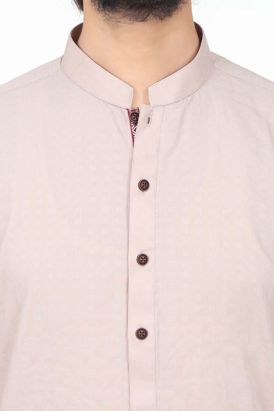 Light brown kurta neck with band collar and three-button placket