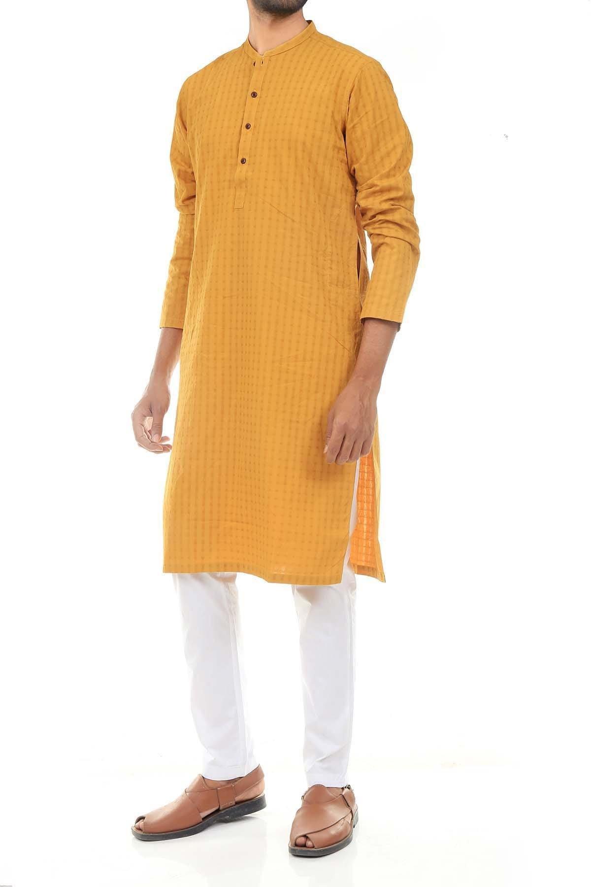 Mustard band-collar kurta, front view with button placket and long sleeves