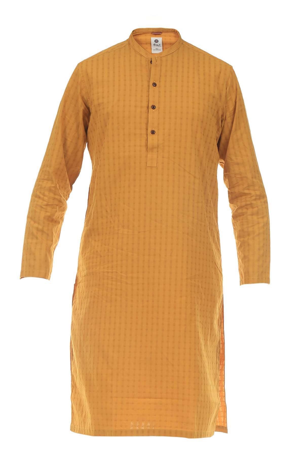 Mustard band-collar kurta with long sleeves and button-front placket