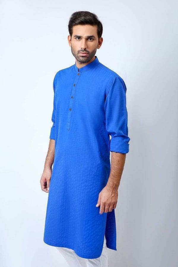 Royal blue ban-collar kurta with long sleeves and knee-length straight cut.