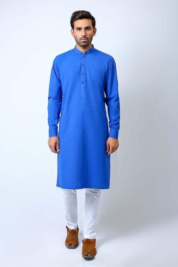 Royal blue ban-collar kurta with button placket, long sleeves, straight hem.