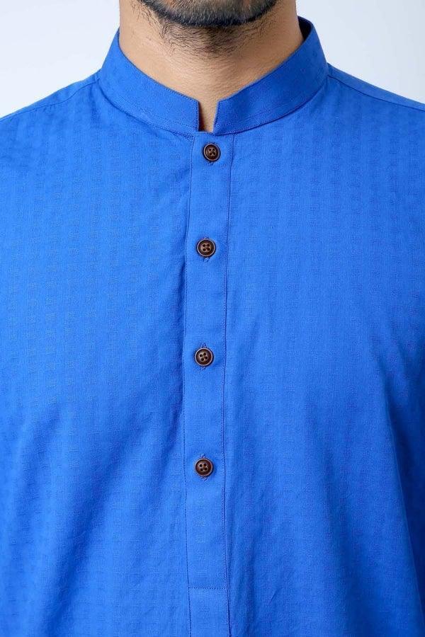Royal blue ban-collar with stand and brown button placket detail.