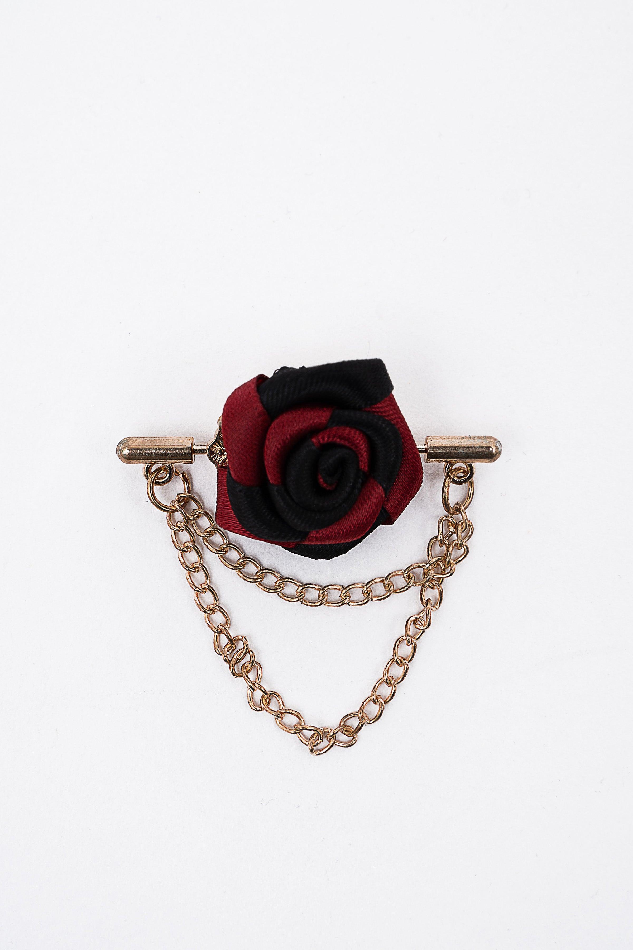 Rose fabric lapel pin with gold posts and dangling chain, red and black