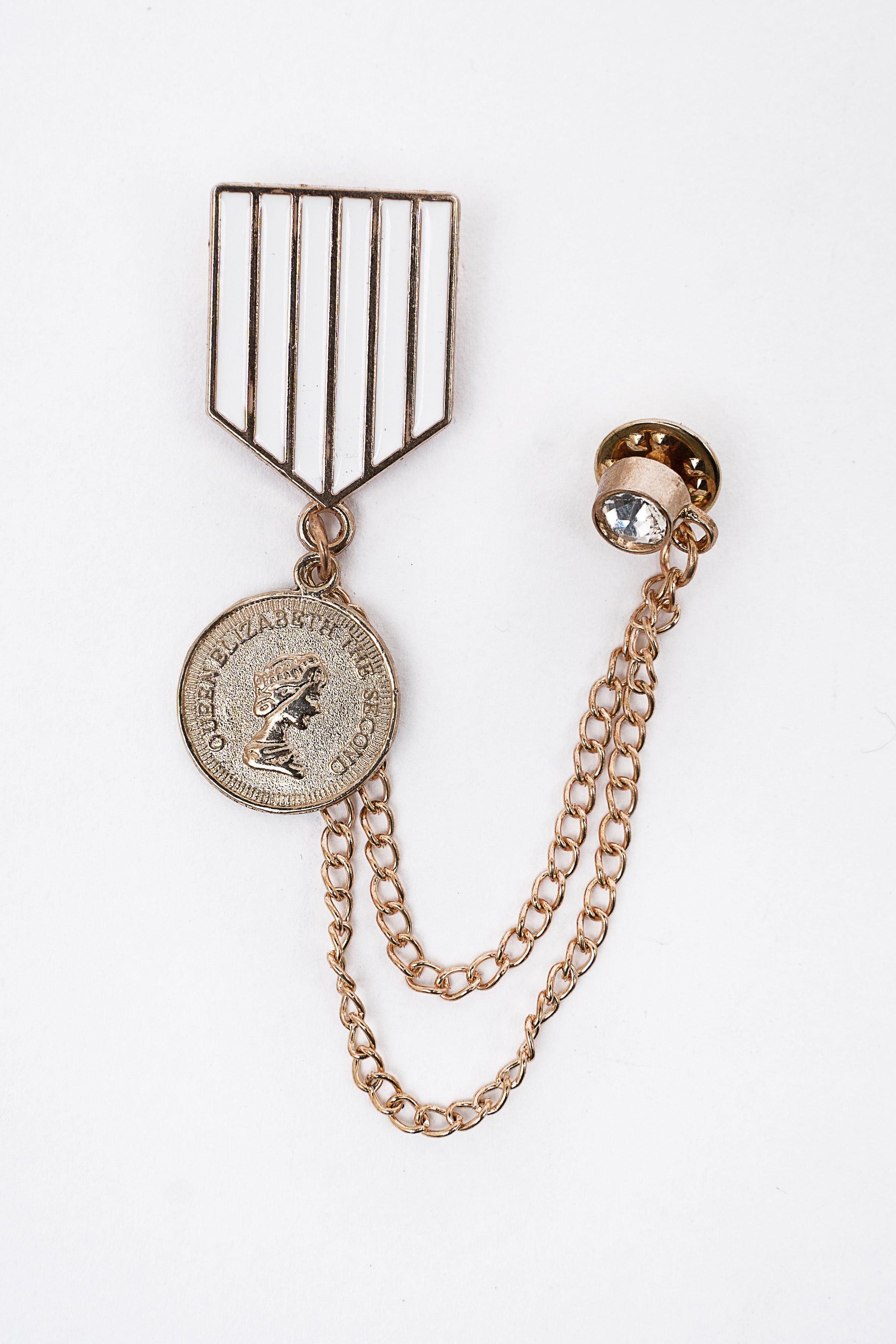 Gold-tone lapel pin with round coin pendant and chain drop