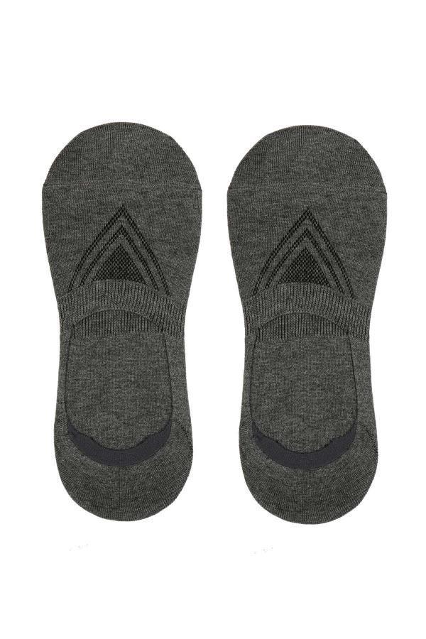 Pair of dark gray loafer socks with cushioned heel and textured knit logo