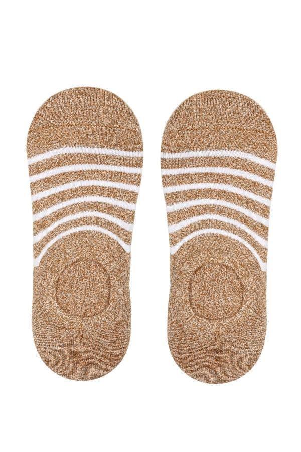 Loafer socks, tan/brown with white horizontal stripes and padded round toe