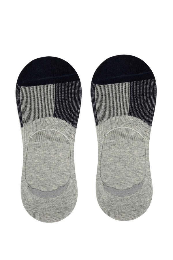Loafer sock pair with dark ribbed cuffs and gray knit foot, ankle stripe