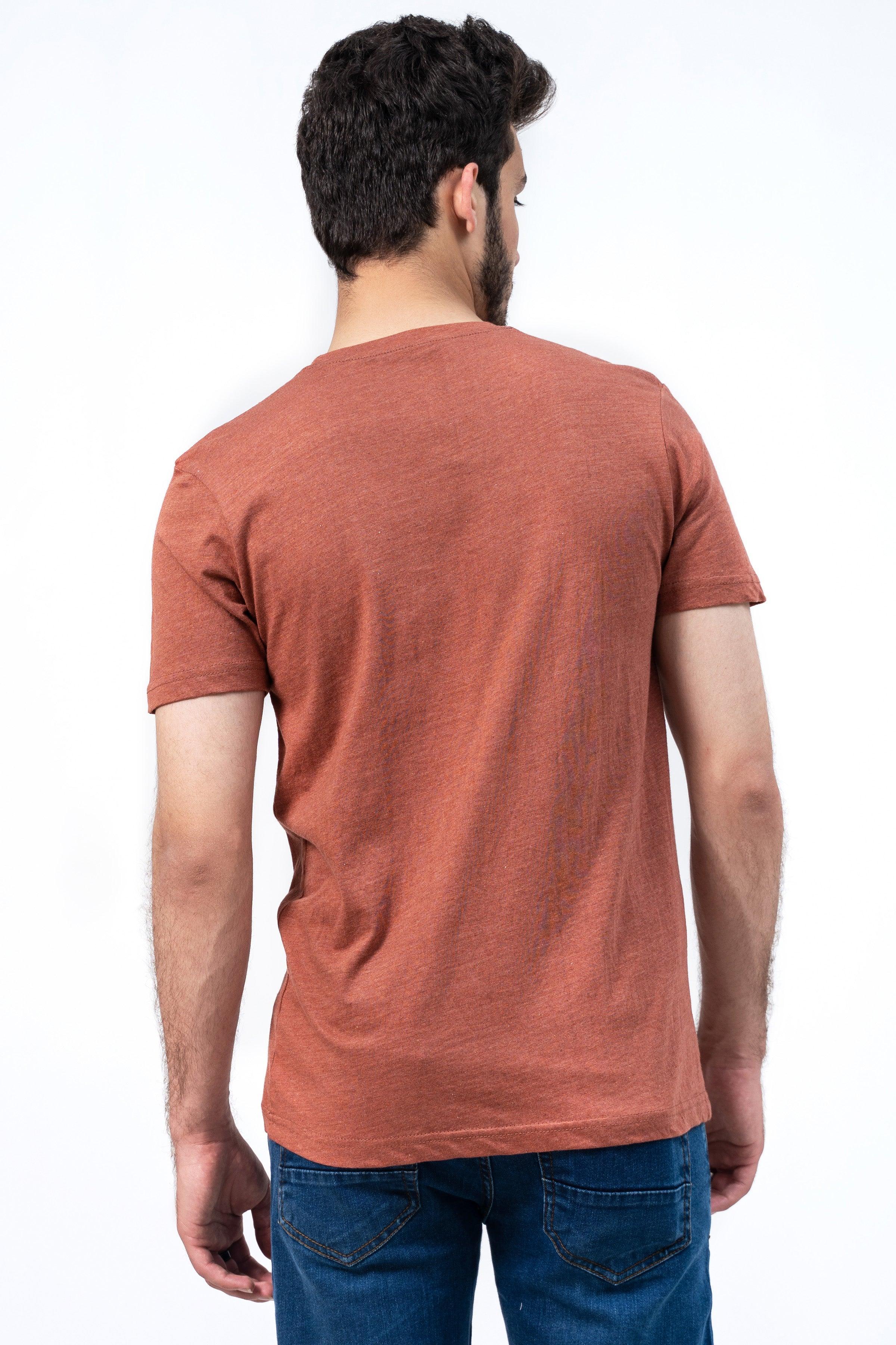 Rust crewneck T-shirt back view with plain rear, short sleeves