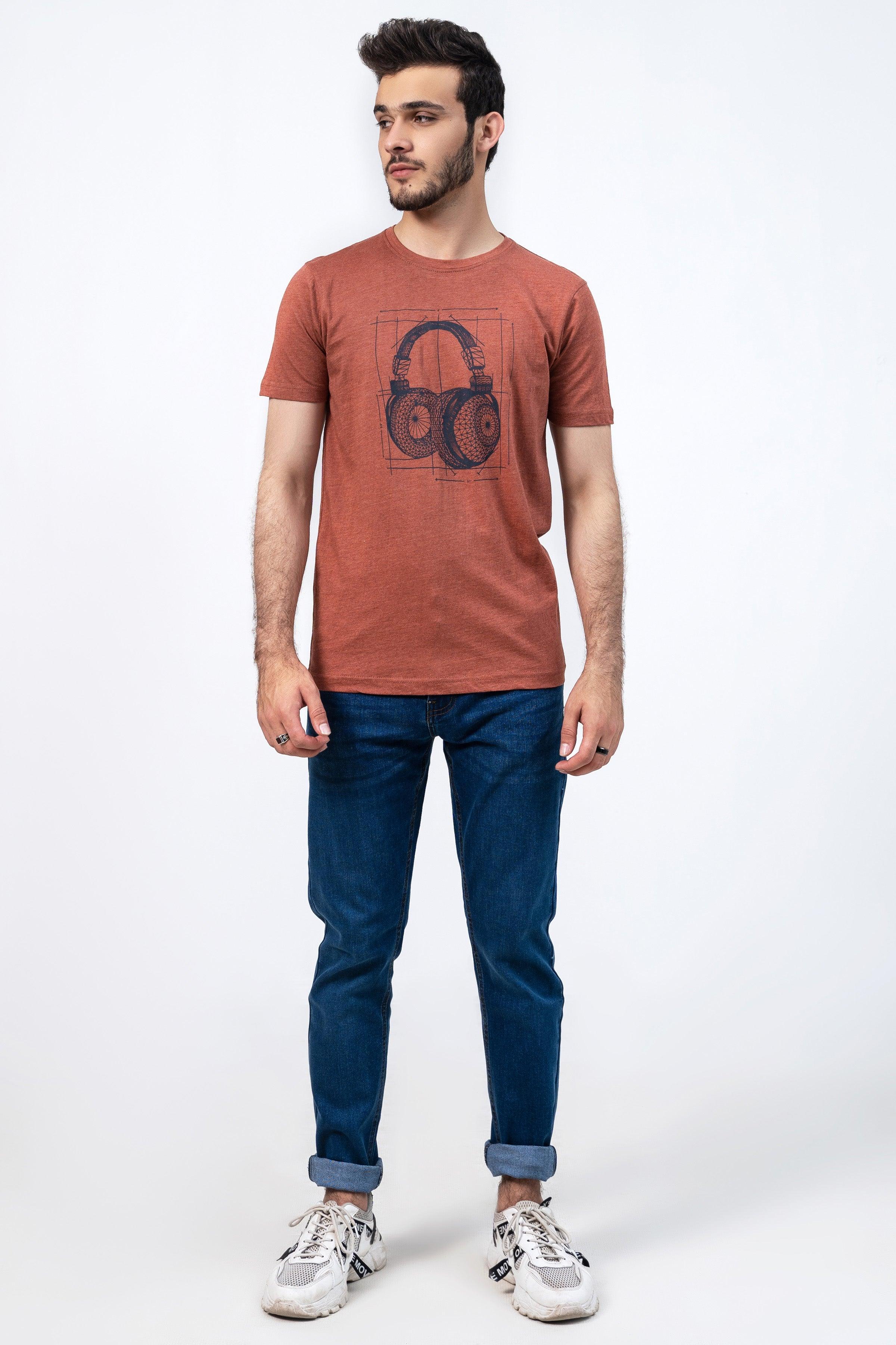Rust crewneck T-shirt with large headphone-style music graphic on chest
