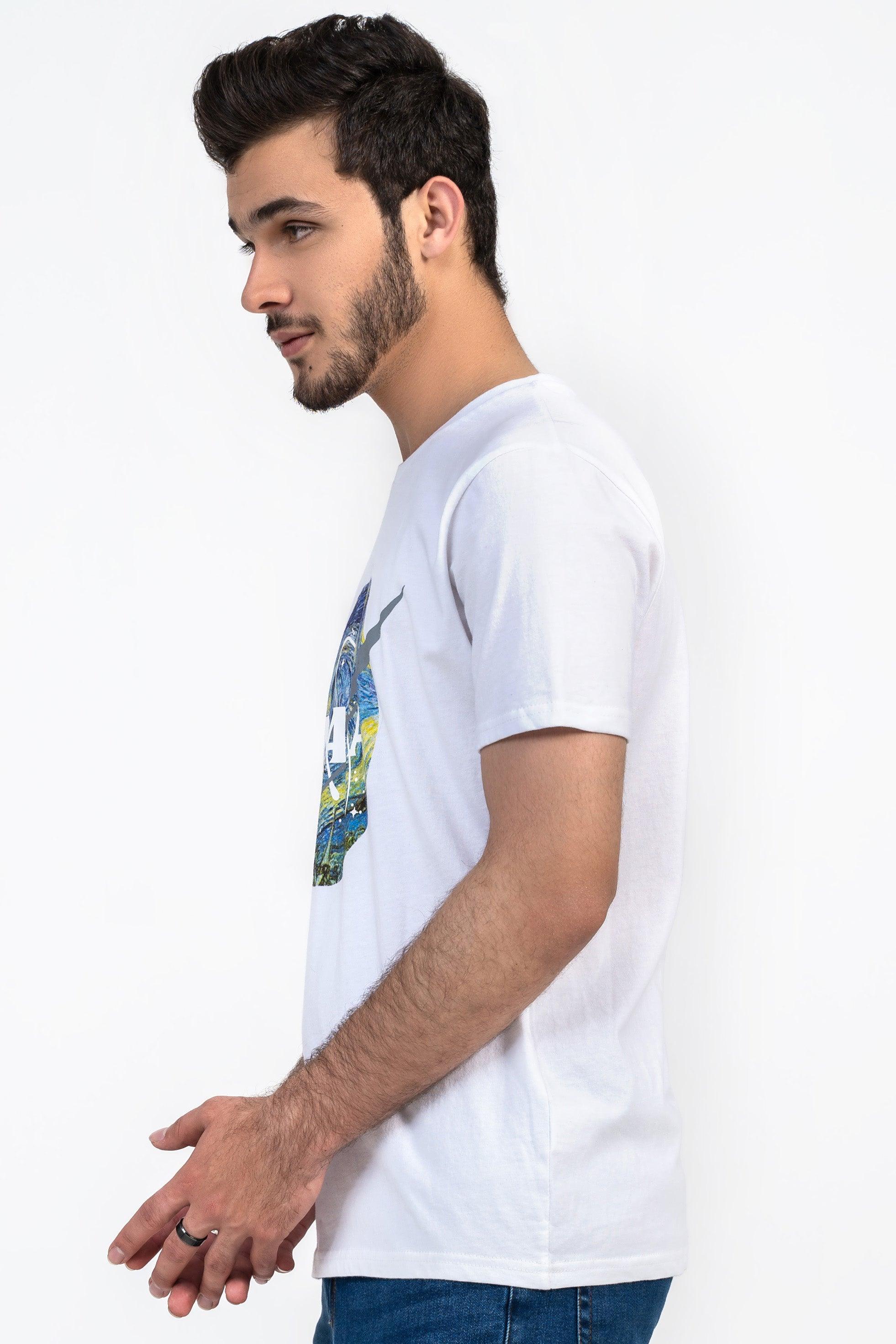 White T-shirt with NASA graphic on front, short sleeves, side profile