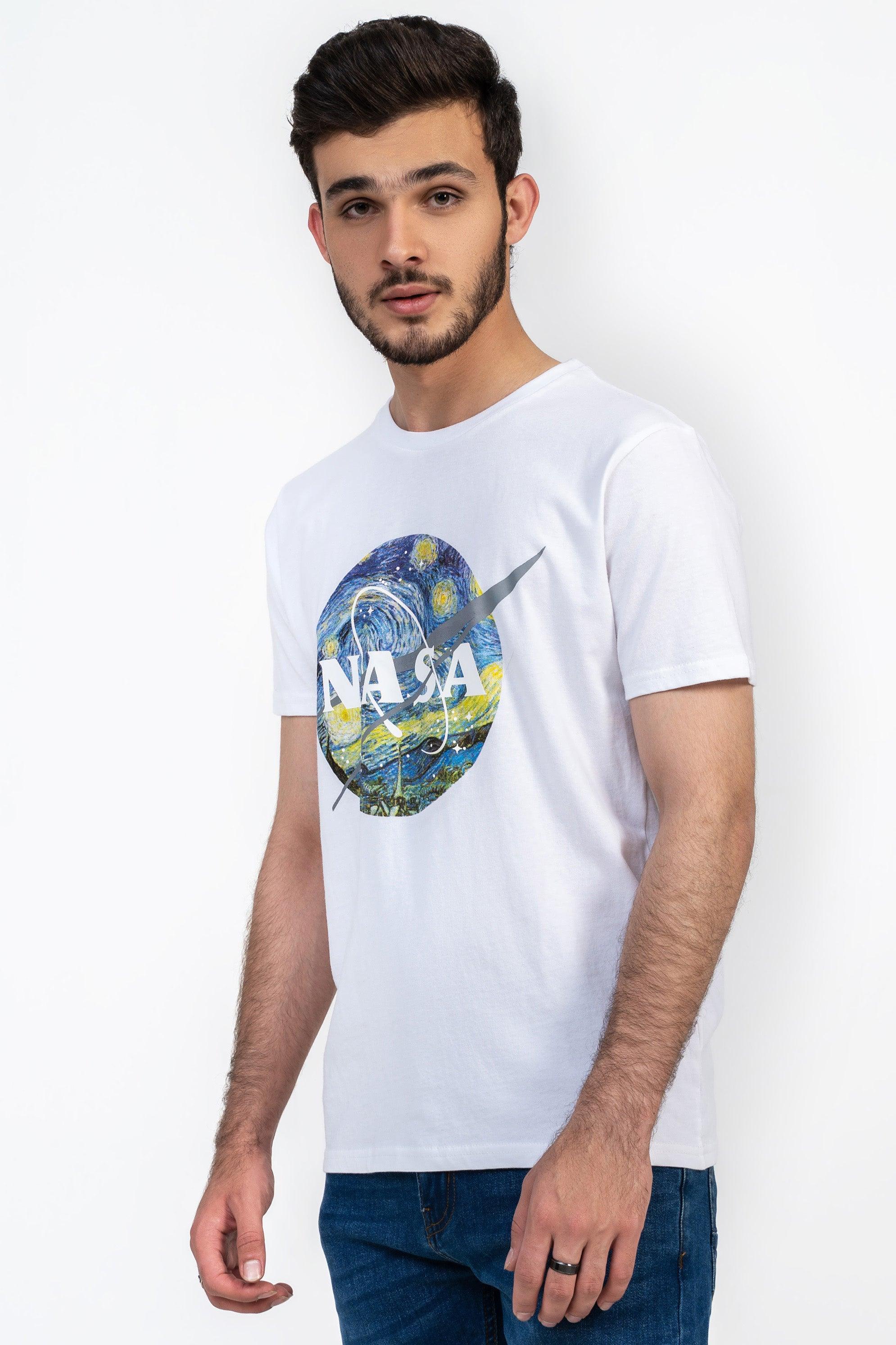 White crew-neck T-shirt with small NASA oval graphic on front