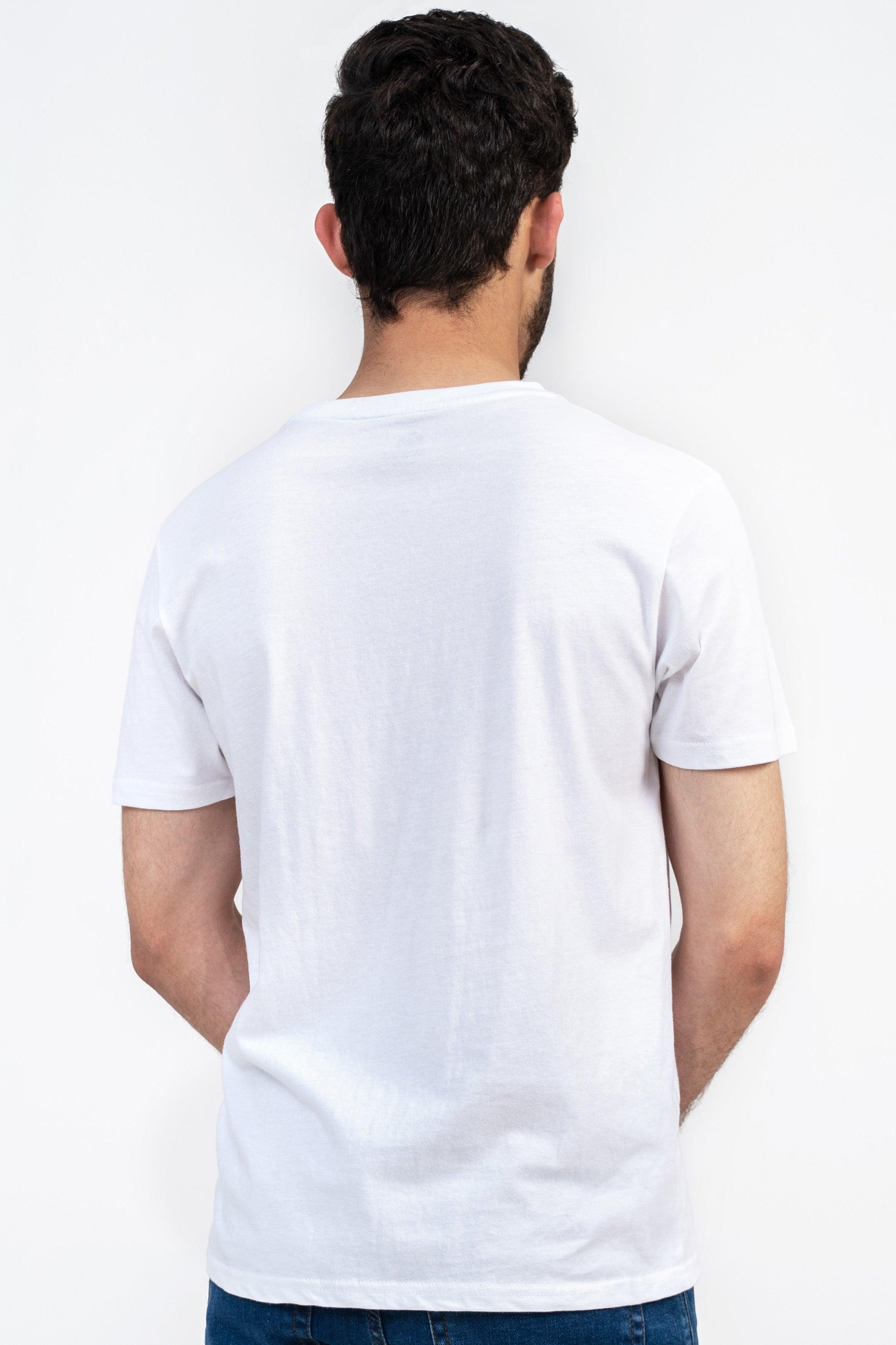 White T-shirt back view with crew neck and short sleeves