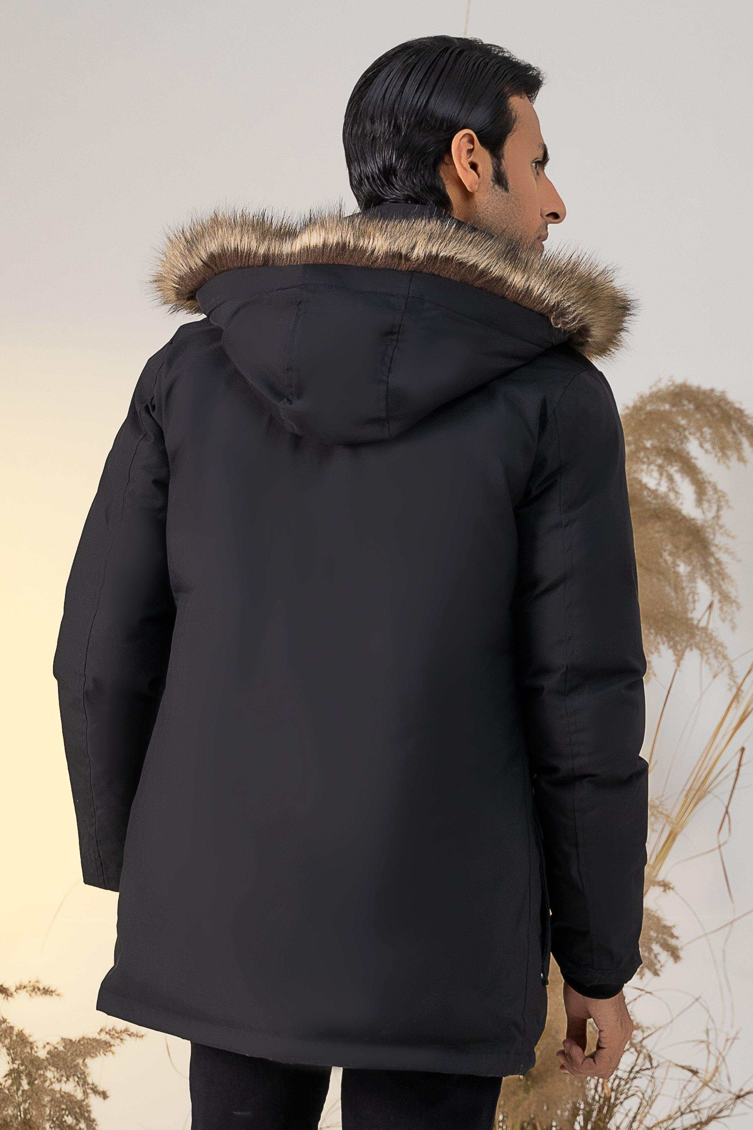 PARKA JACKET WITH FUR HOOD BLACK at Charcoal Clothing