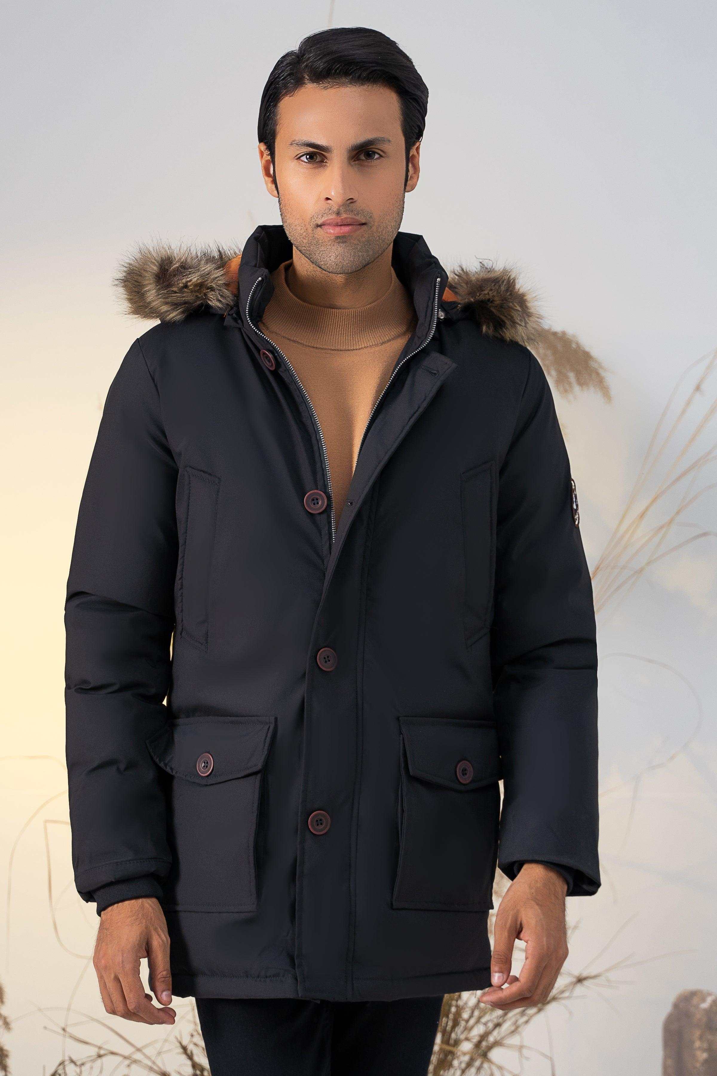 PARKA JACKET WITH FUR HOOD BLACK at Charcoal Clothing