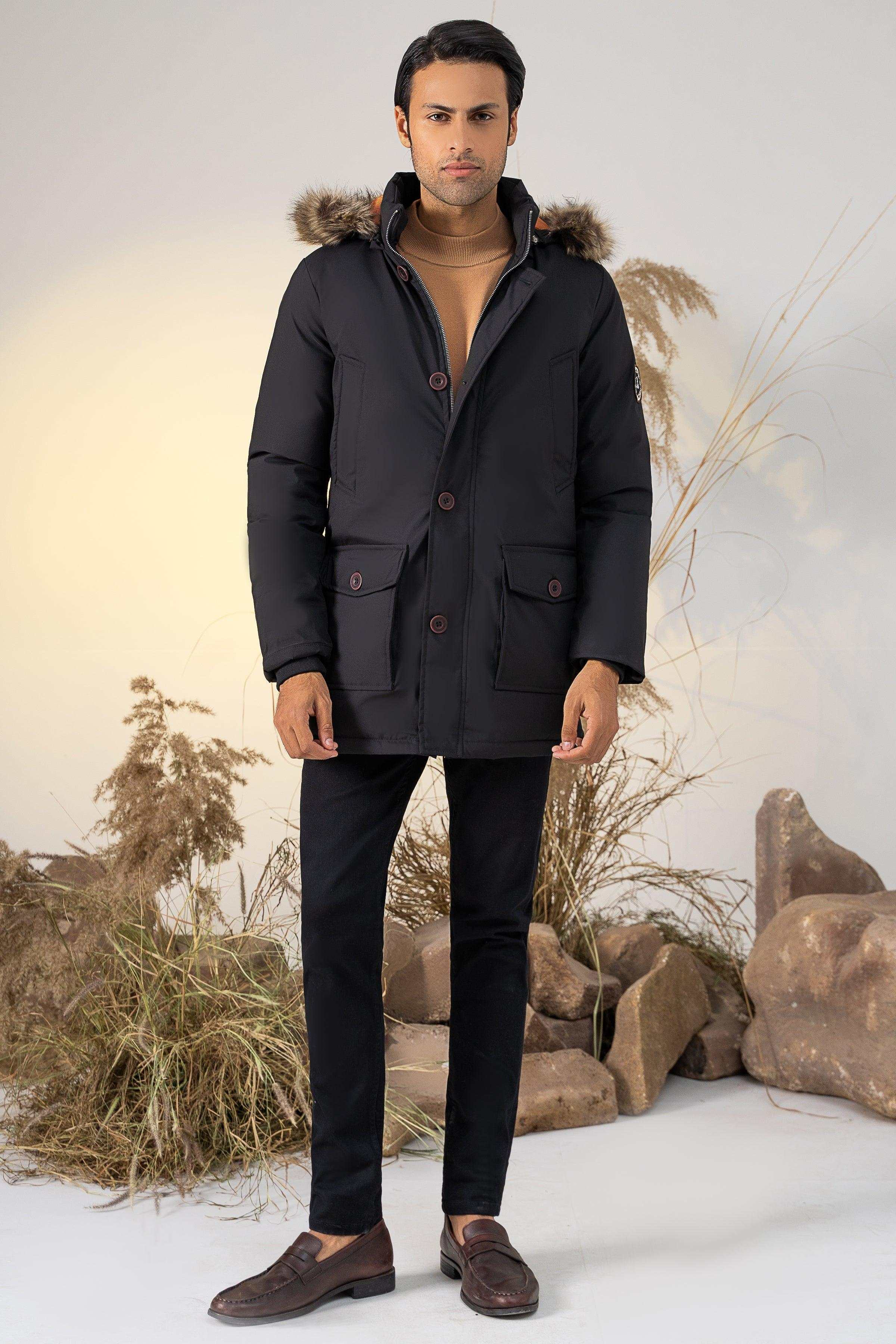 PARKA JACKET WITH FUR HOOD BLACK at Charcoal Clothing