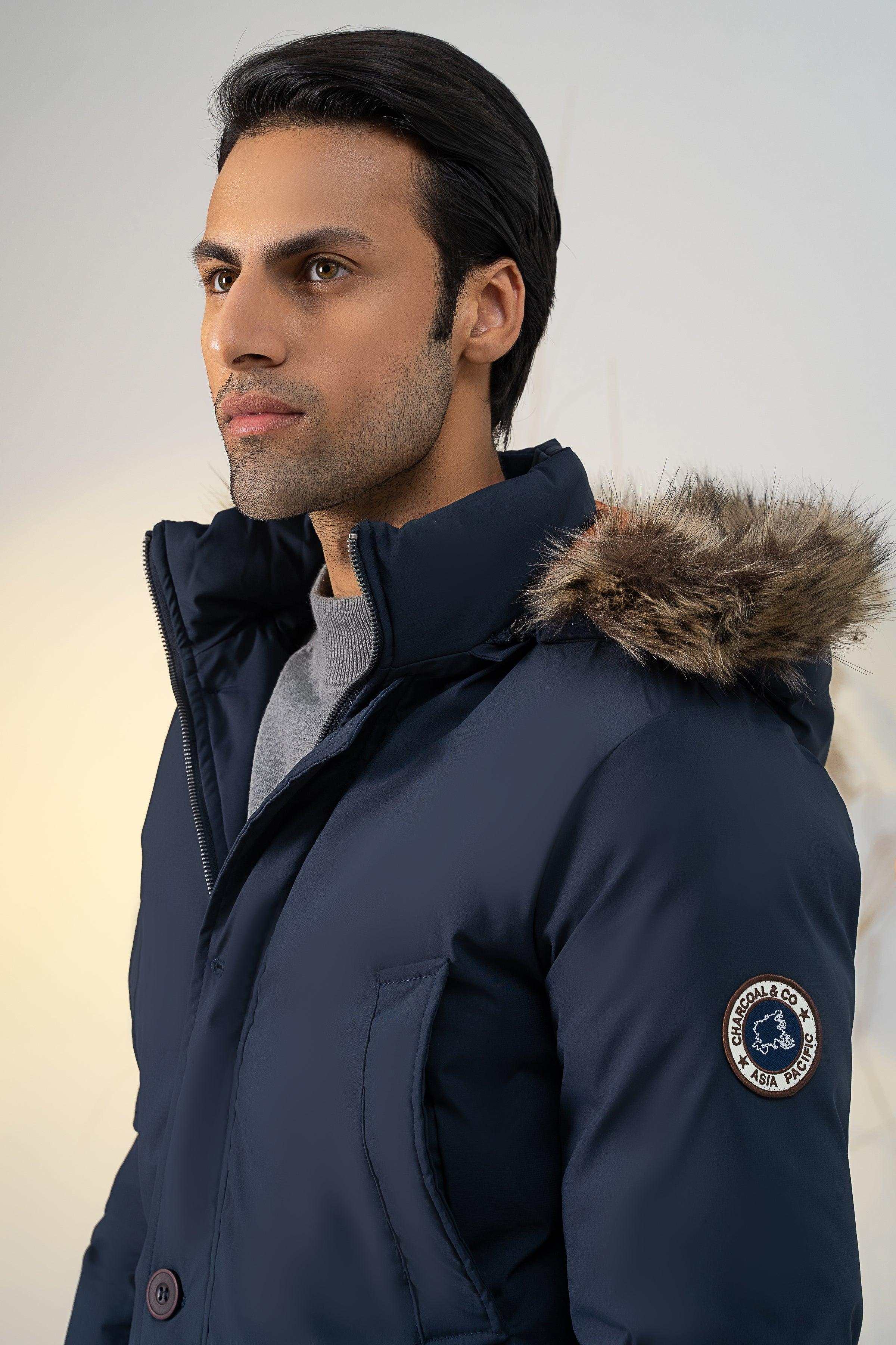PARKA JACKET WITH FUR HOOD NAVY at Charcoal Clothing