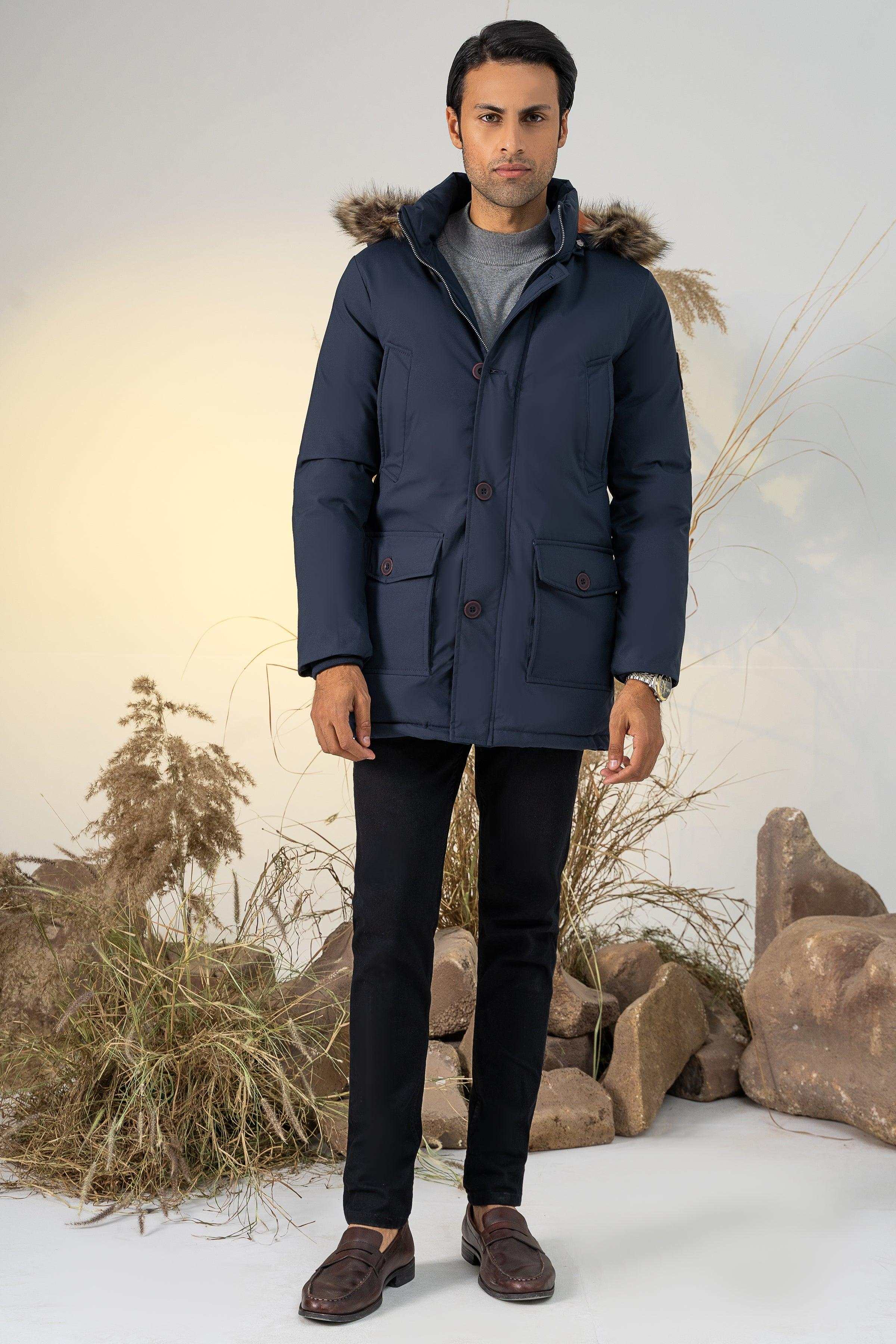 PARKA JACKET WITH FUR HOOD NAVY at Charcoal Clothing