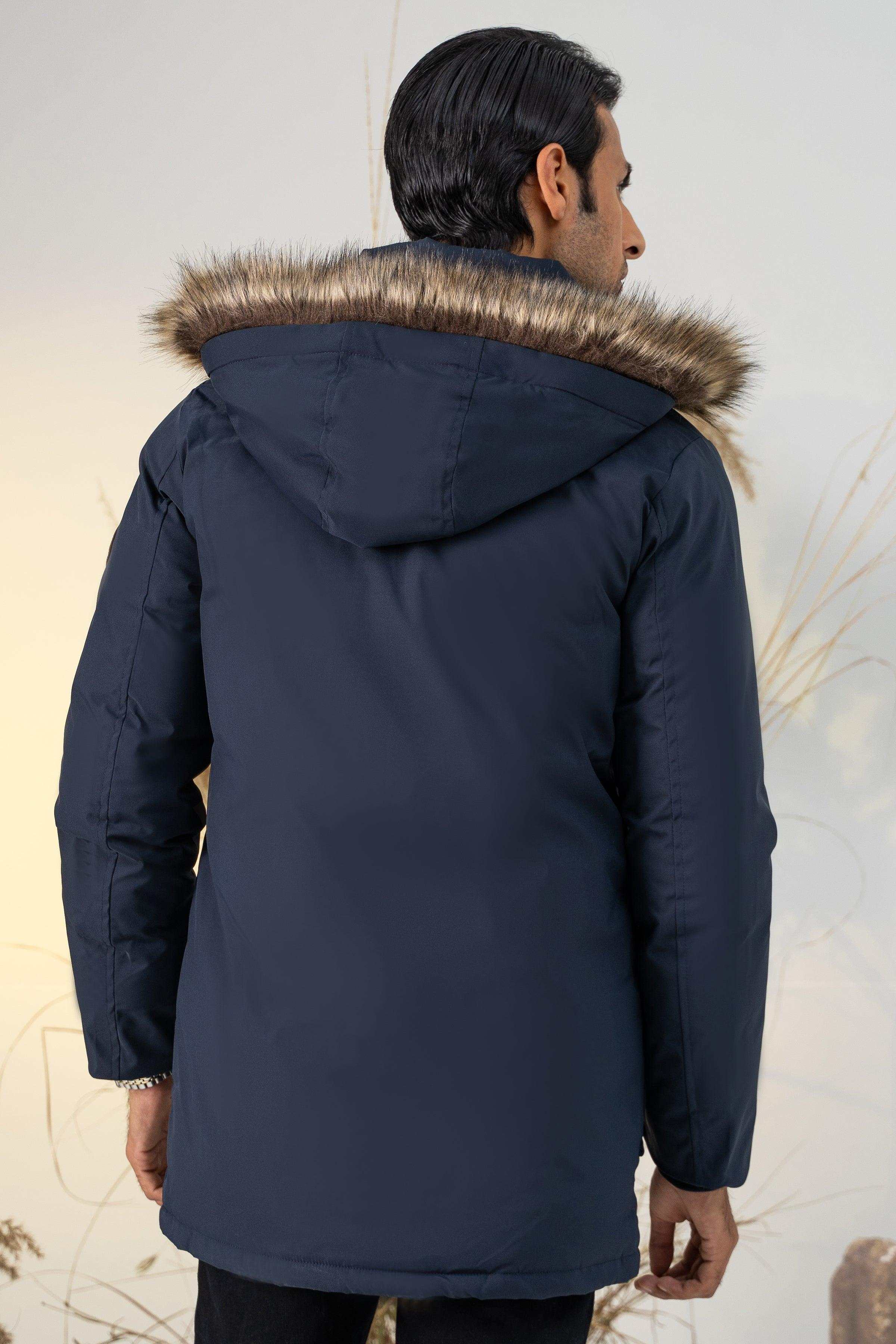 PARKA JACKET WITH FUR HOOD NAVY at Charcoal Clothing