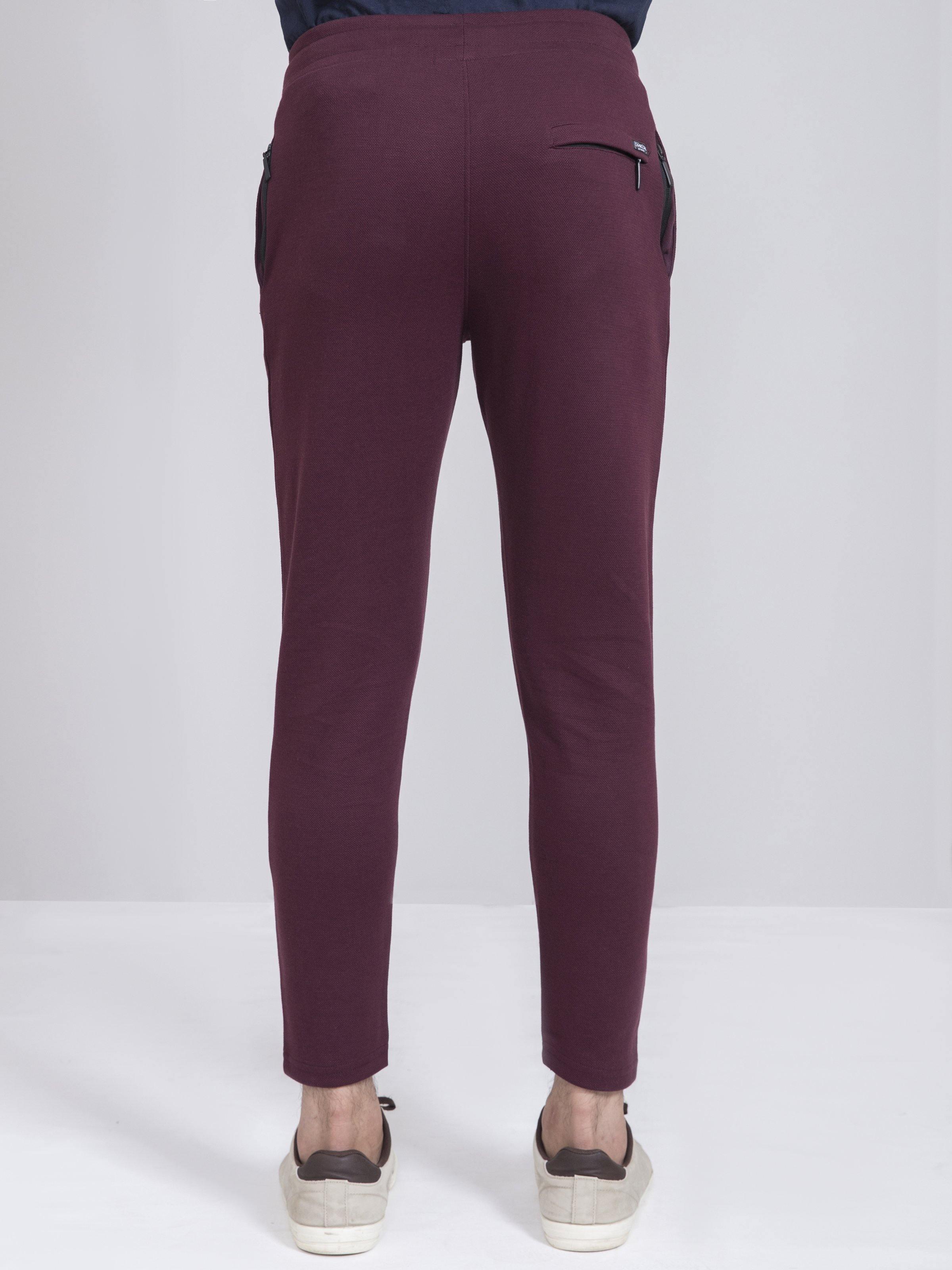 Maroon slim-fit trousers with back yoke and two back pockets