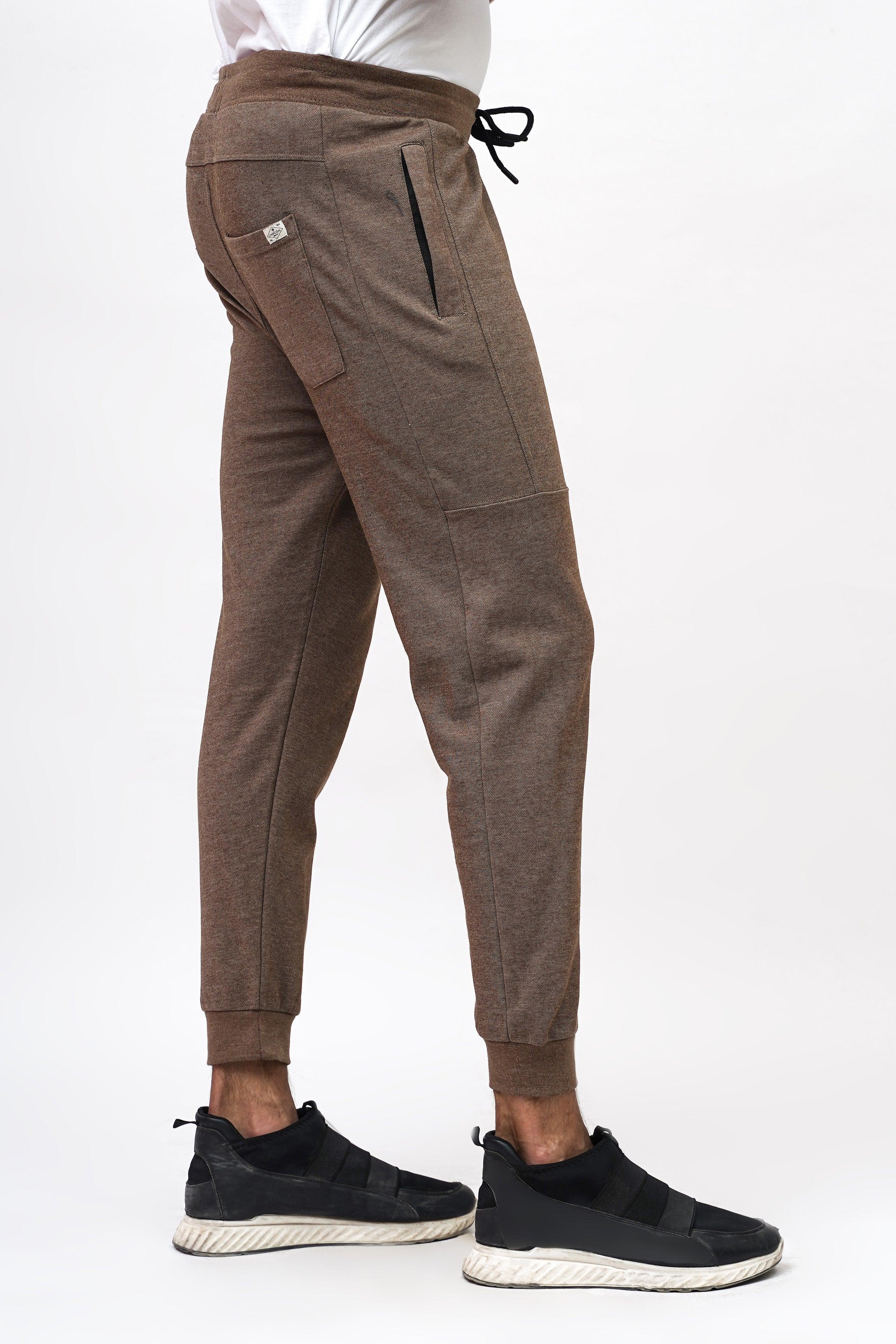 PIQUE INTERLOCK SLIMFIT BROWN MELANGE TROUSER at Charcoal Clothing