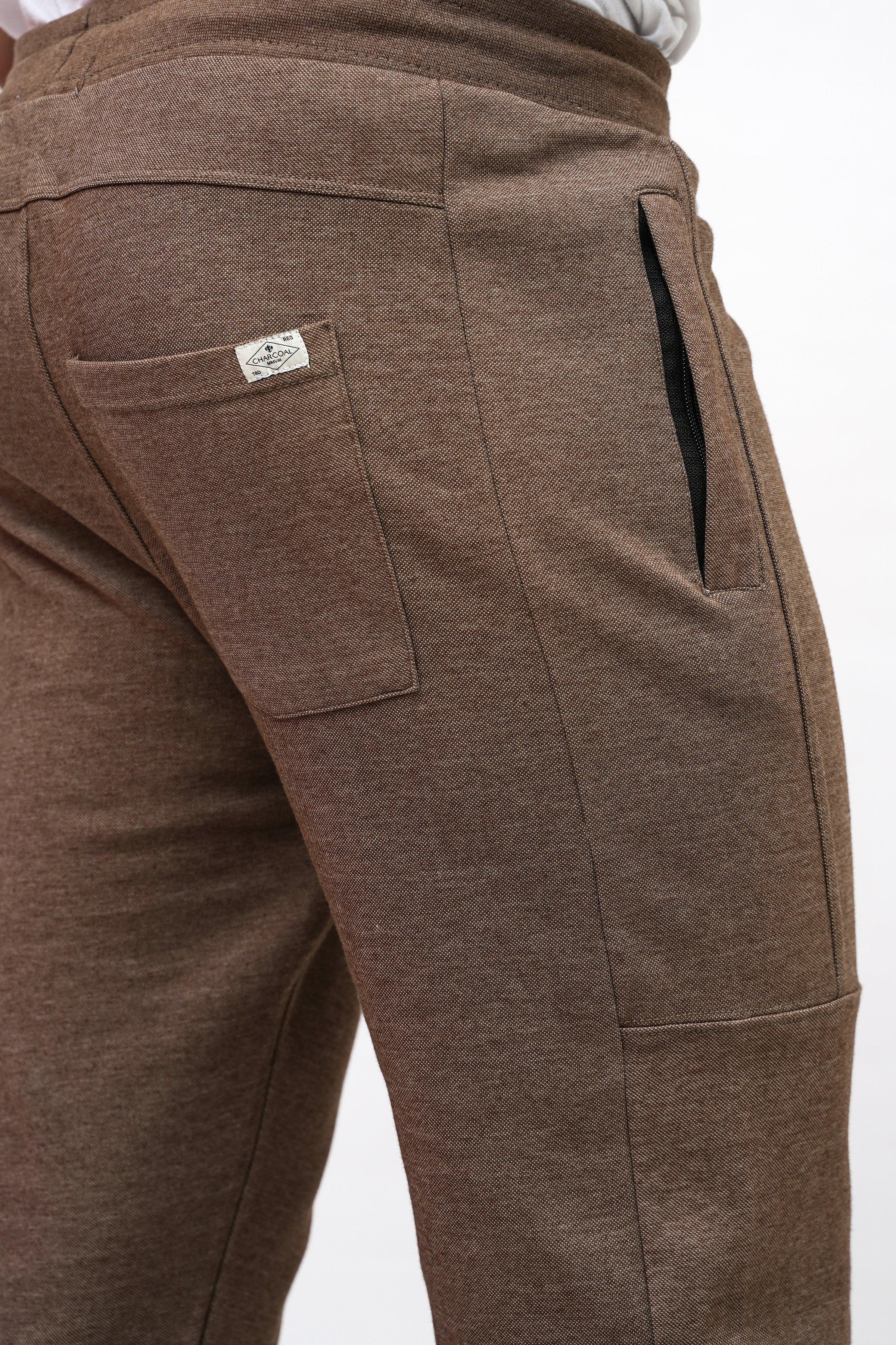 PIQUE INTERLOCK SLIMFIT BROWN MELANGE TROUSER at Charcoal Clothing